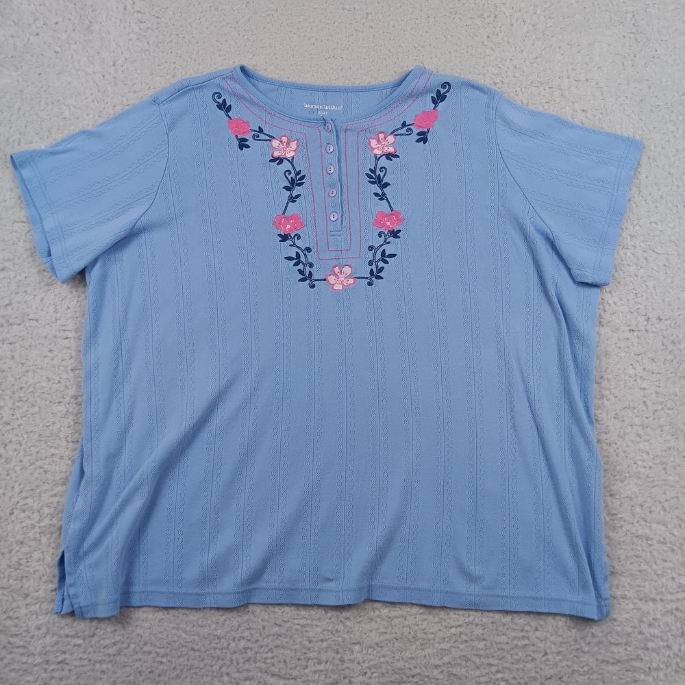 Woman Within Top Henley Woman 22/24 Blue Floral Embroidered Pointelle 07-3711-4
